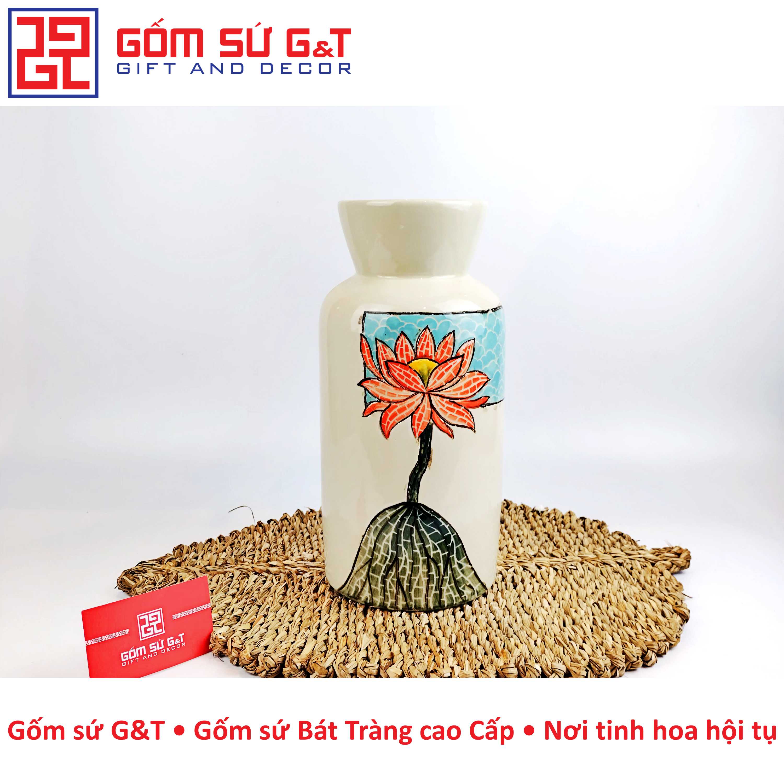 Lọ hoa dáng phích vẽ sen Gốm Sứ G&amp;T