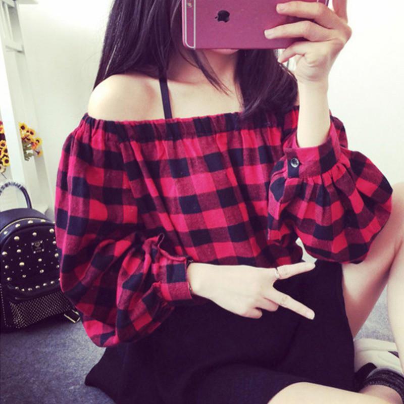 Áo trễ vai kẻ sọc vuông phong cách Hàn Quốc cho nữ