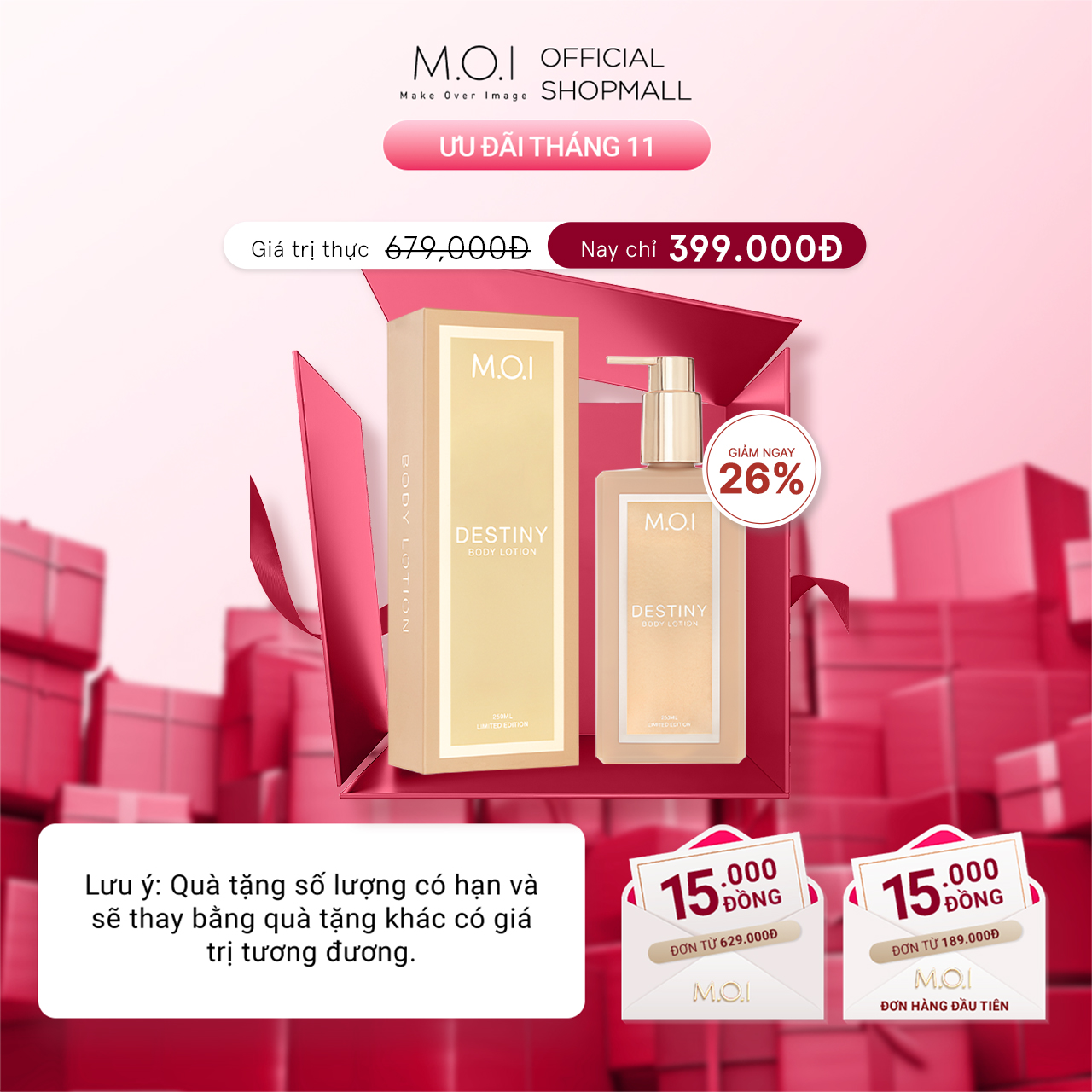 Sữa dưỡng thể sáng da hương nước hoa M.O.I  Destiny 250ml