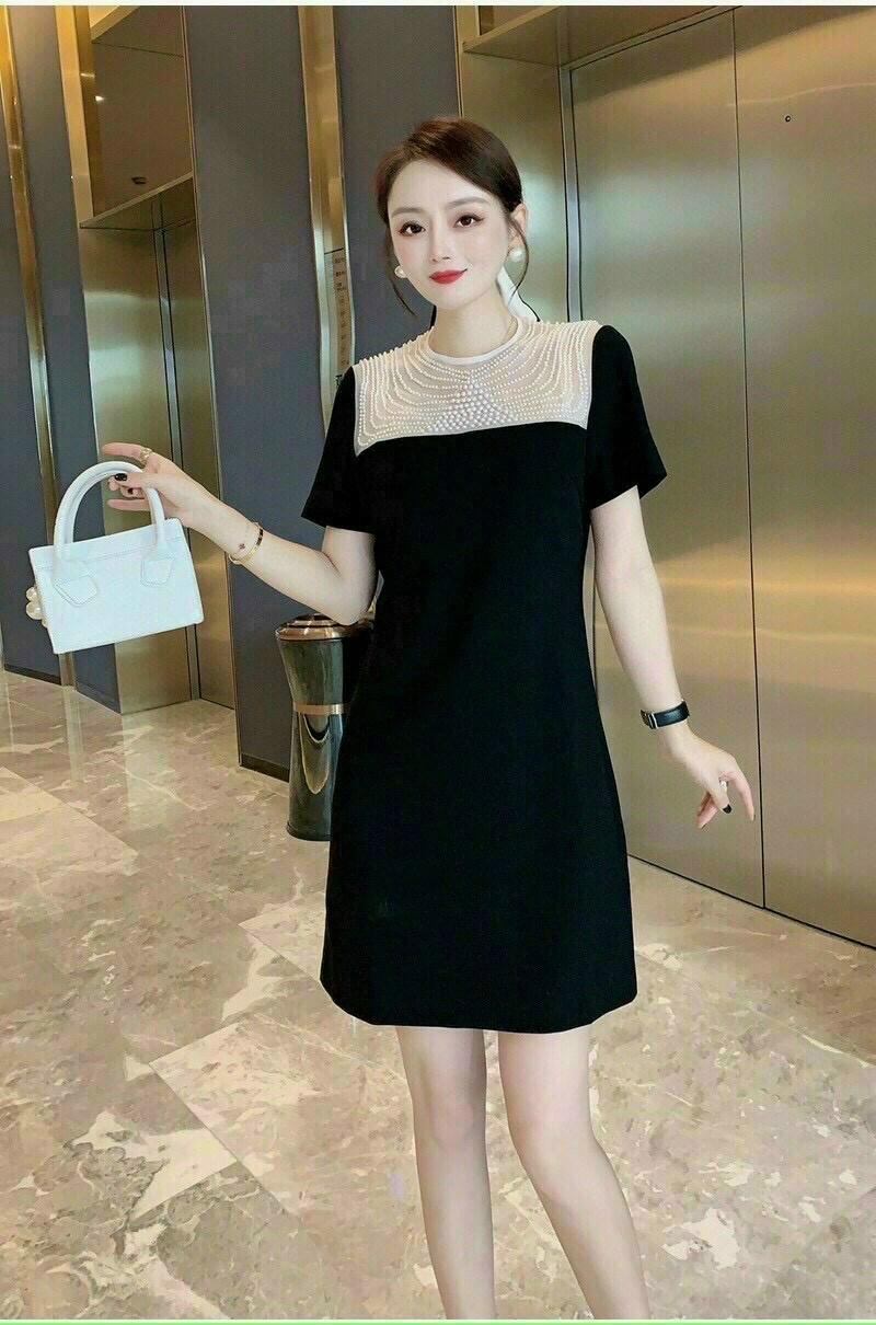 ĐẦM SUÔNG THUN CỔ LƯỚI ĐÍNH HẠT CHÂU