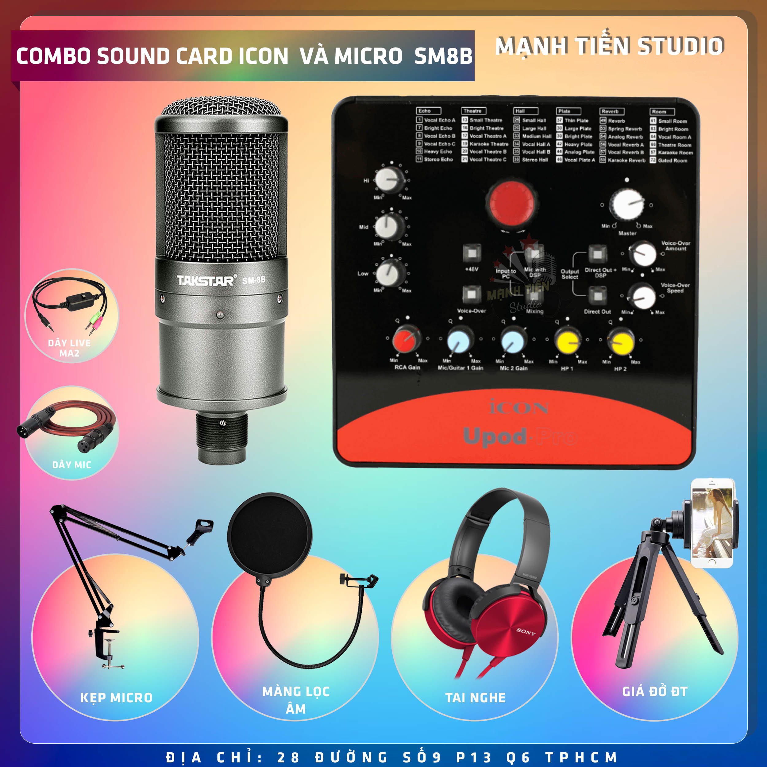 Combo thu âm, livestream Micro TakStar SM8B, Sound card Icon Upod Pro - Kèm full phụ kiện kẹp micro, màng lọc, tai nghe, giá đỡ ĐT, dây canon, dây ma2 - Hỗ trợ thu âm, karaoke online chuyên nghiệp - Hàng chính hãng