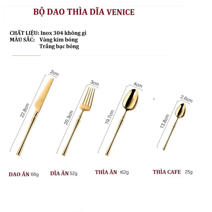 Bộ thìa dĩa dao Venice cao cấp inox 304 mạ titan 2 màu Vàng/Bạc. Sét dao dĩa ăn bít tết cao cấp