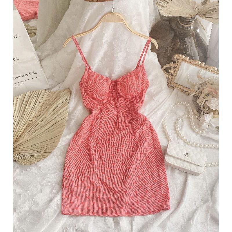 Đầm hoạ tiết tim hai dây cột nơ vai