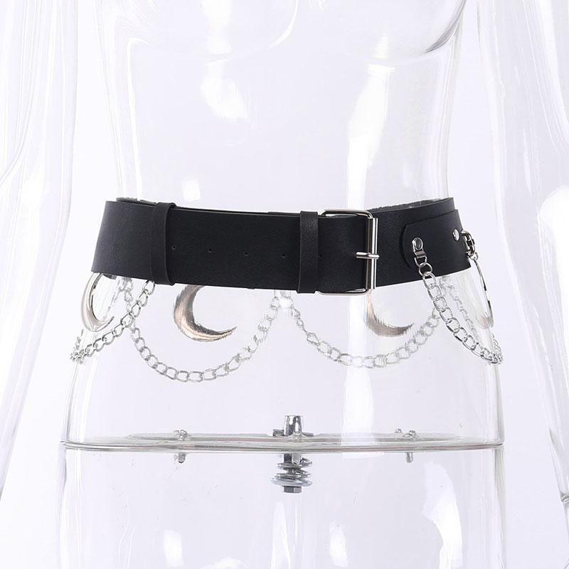 Gothic Bằng Da PU Cho Nữ Kim Loại Mặt Trăng Hình Dây Màu Phong Cách Punk Nữ Hợp Kim Chắc Chắn Pin Khóa Thắt Lưng Cinturon Mujer