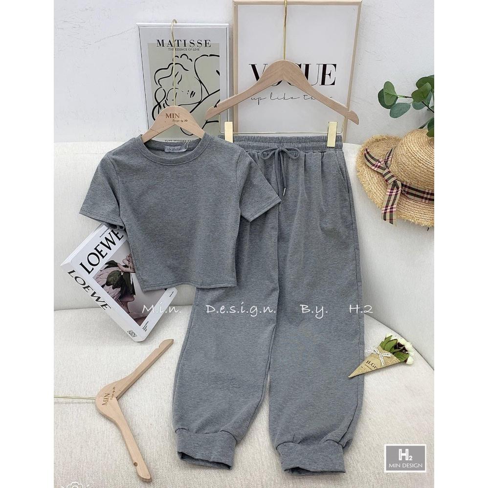 Bộ Áo Croptop Quần Jogger Nữ Set Áo Cộc Tay Quần Thun Ống Rộng 2 Màu