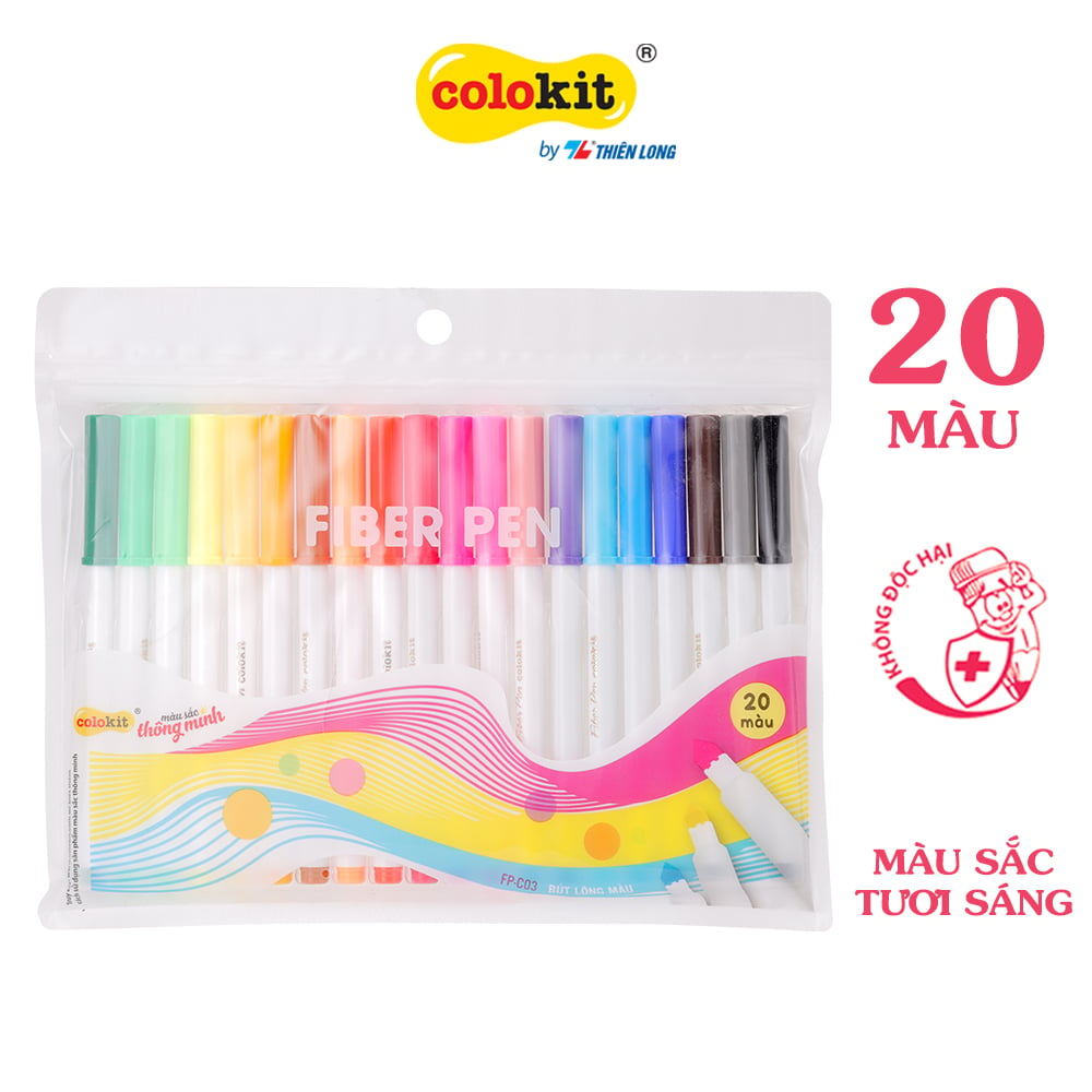 Bút lông màu Fiber Pen Thiên Long Colokit an toàn sử dụng tô màu, vẽ tranh, calligraphy, 20 màu basic FP-C03