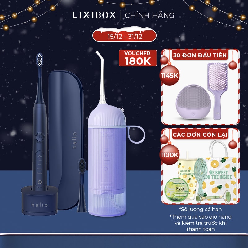 Combo Máy Tăm Nước Cầm Tay Halio - Periwinkle Và Bàn Chải Điện Làm Trắng Răng Midnight Blue