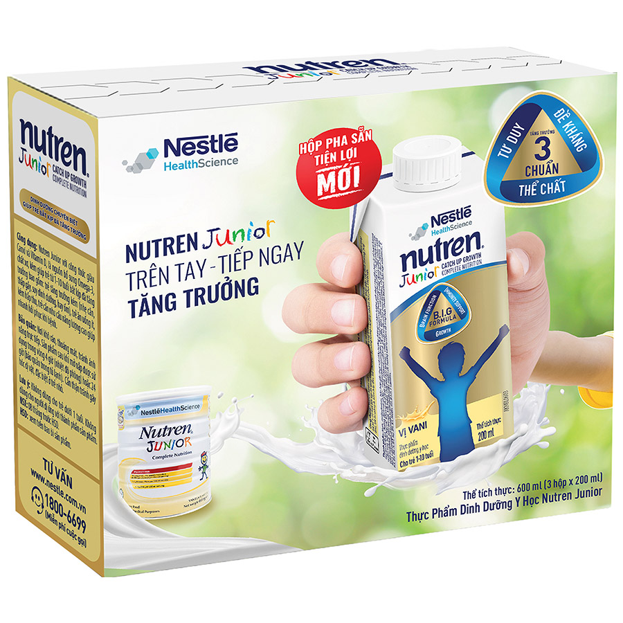 Combo 12 hộp pha sẵn Nutren Junior 200ml/hộp cho trẻ từ 1-10 tuổi tăng trưởng 3 chuẩn: Thế chất, Đề kháng, Tư duy - Tặng gối con mèo