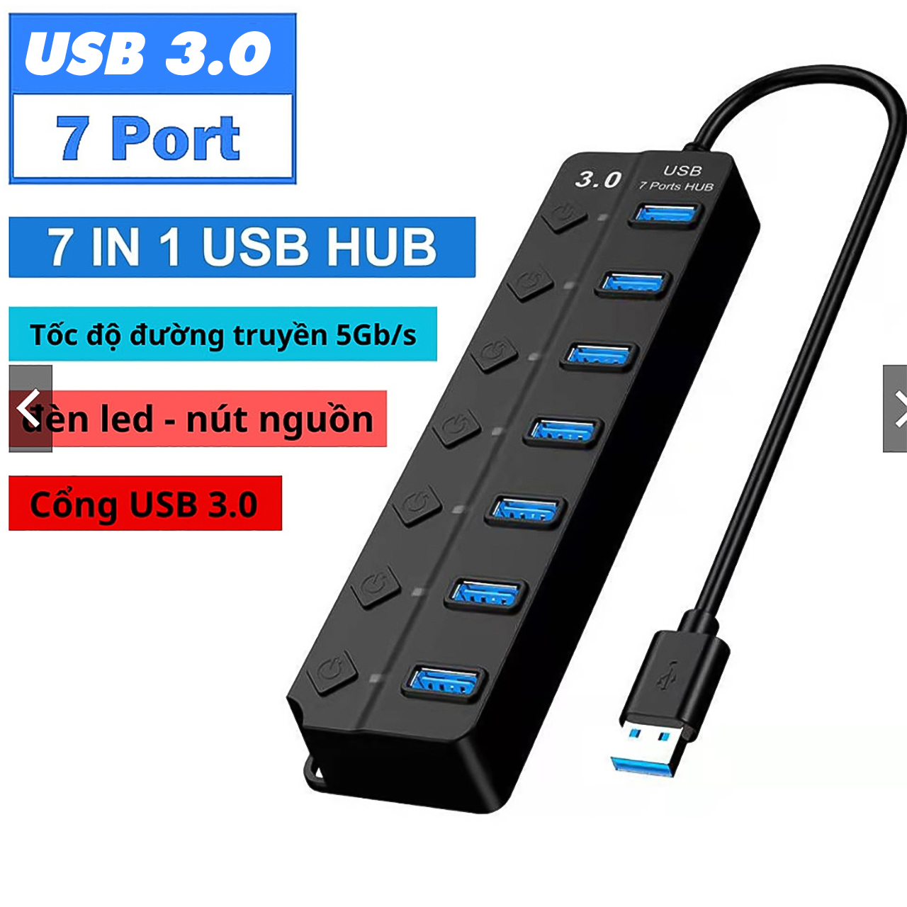 Hub usb 7 cổng 3.0 tốc độ cao Vinetteam bộ chia usb 3.0 7 cổng mở rộng kết nối chuyển đổi cho laptop, máy tính - hàng chính hãng