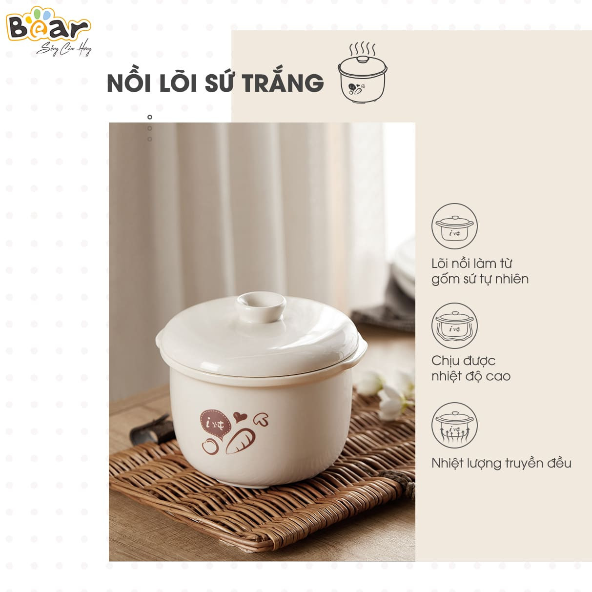 Nồi nấu chậm 0,8L Bear SUBE001 kèm lồng hấp, lõi sứ - Bản Quốc Tế, hàng chính hãng, bảo hành 18 tháng, lỗi 1 đổi 1