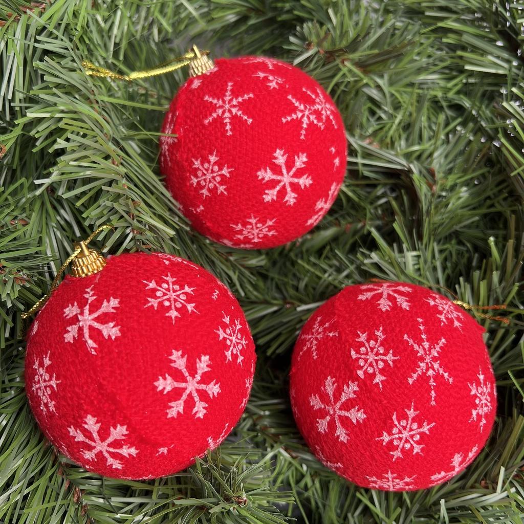 Combo 3 quả châu vải cao cấp màu đỏ hoa tuyết trắng treo cây thông Noel trang trí Giáng sinh đường kính 8cm