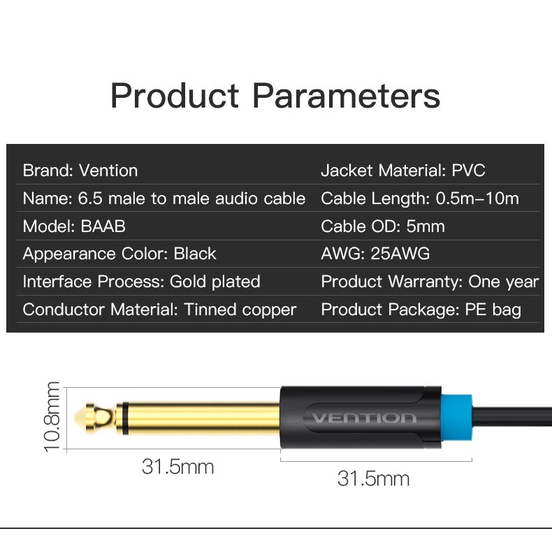 Cáp audio hai đầu 6.5mm Vention BAABI - Hàng chính hãng