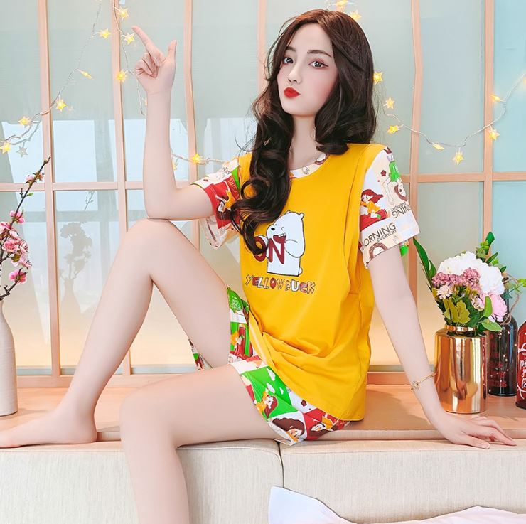 Đồ Bộ Bầu Và Sau Sinh Azuno BN001 Chất Liệu Cotton Có Chun Chỉnh Bụng Và Khe Mở Cho Con Bú Áo Cộc Quần Đùi Mặc Nhà Mùa Hè