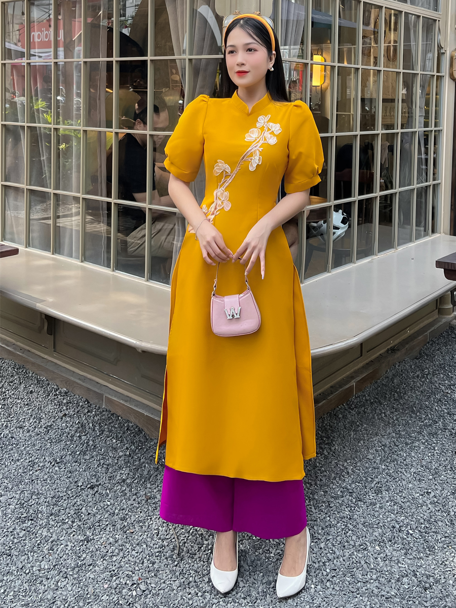 Áo dài cách tân gắn cây hoa 3D siêu dễ thương AD036 - Khánh Linh Style - Lady Fashion