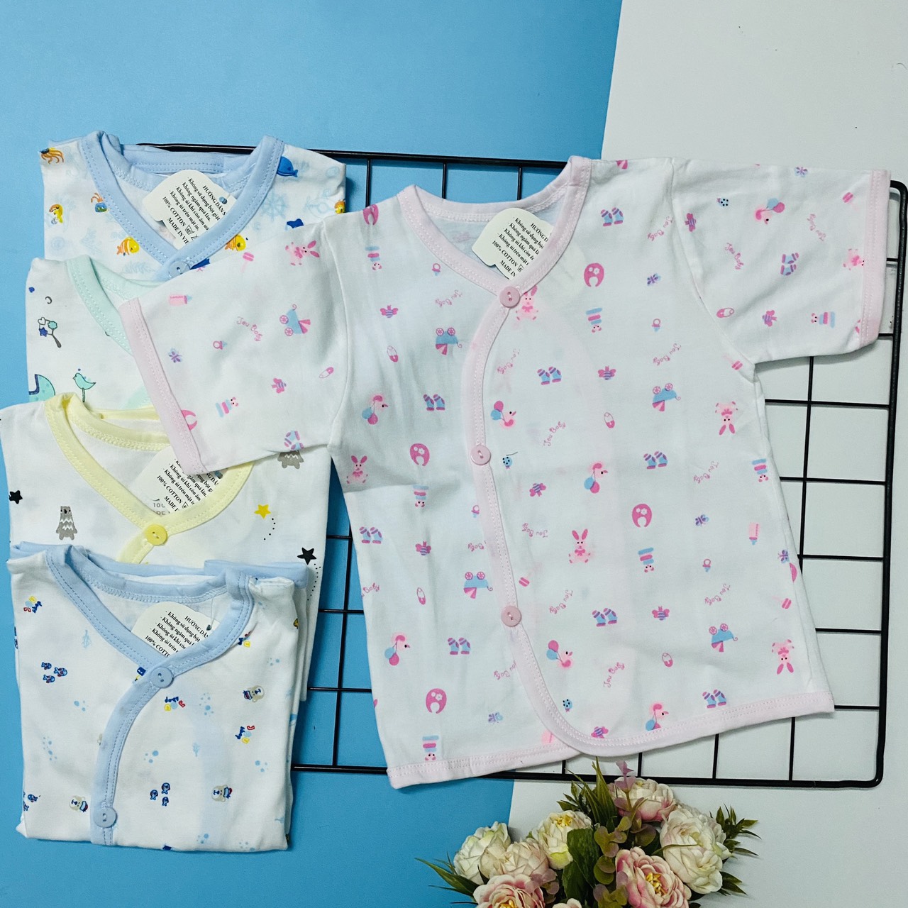 Set 5 áo sơ sinh cotton Tay Ngắn cài Xéo Họa Tiết JOU-Tomtom Baby cho bé trai, bé gái