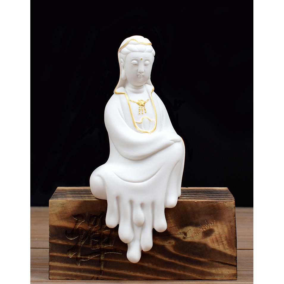 Tượng Phật Bà gốm trắng sà chân kèm đế gỗ