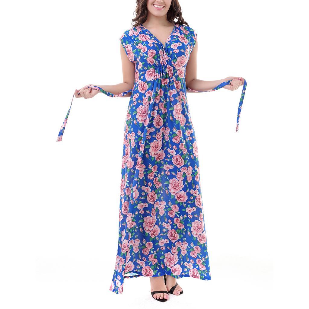 Women's V Neck Sleeveless Stretchy Wrap Waist Floral Boho Maxi Beach Party Dresses