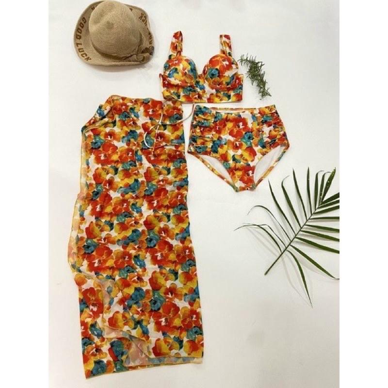Set bikini 3 món đi biển mút dày hoa tiết hoa lá sang chảnh