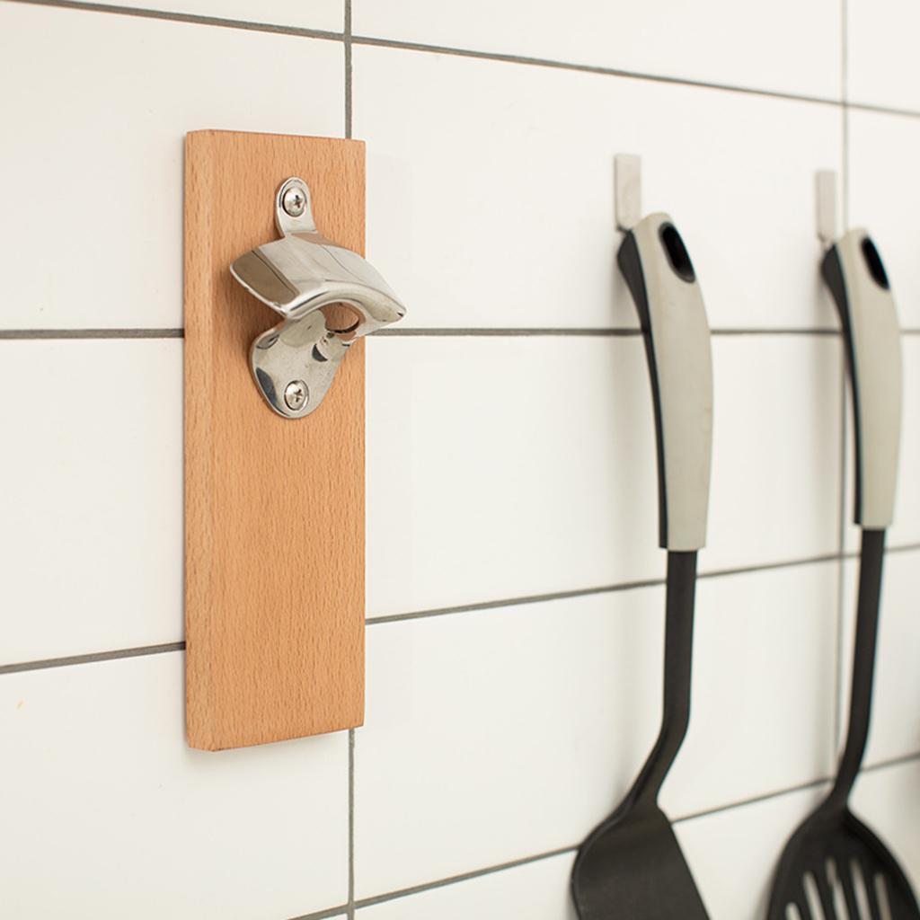 Wall Mounted Mounted Bottle Opener Beer Soda Bar Home Kitchen Beech
