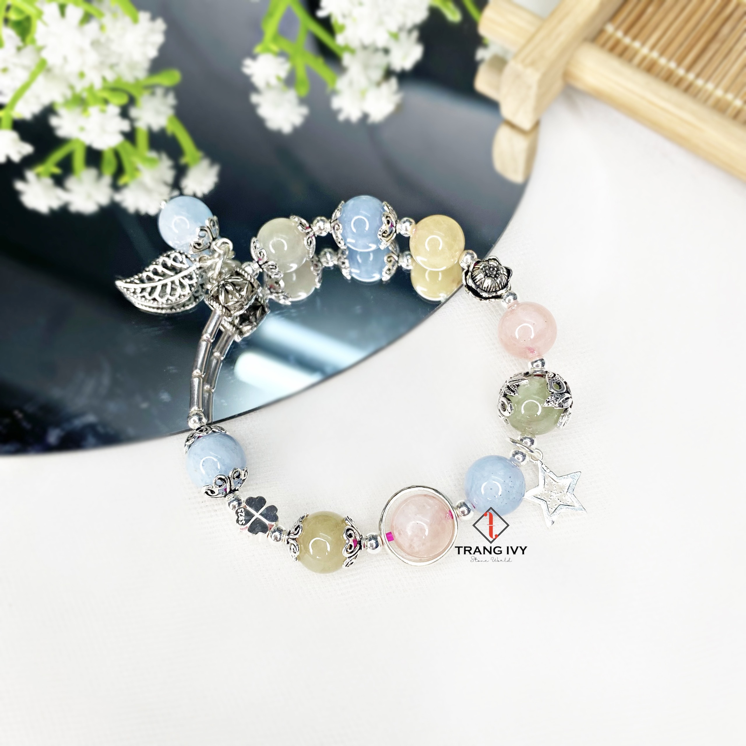 Vòng Tay Đá Beryl Đa Sắc Mix Charm Bạc