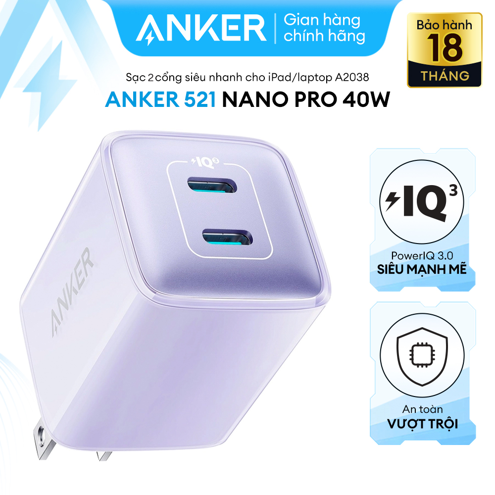 Sạc Anker 521 Nano Pro 40W 2 Cổng Usb - C Piq 3.0 Tương Thích Pd - A2038 - Tím