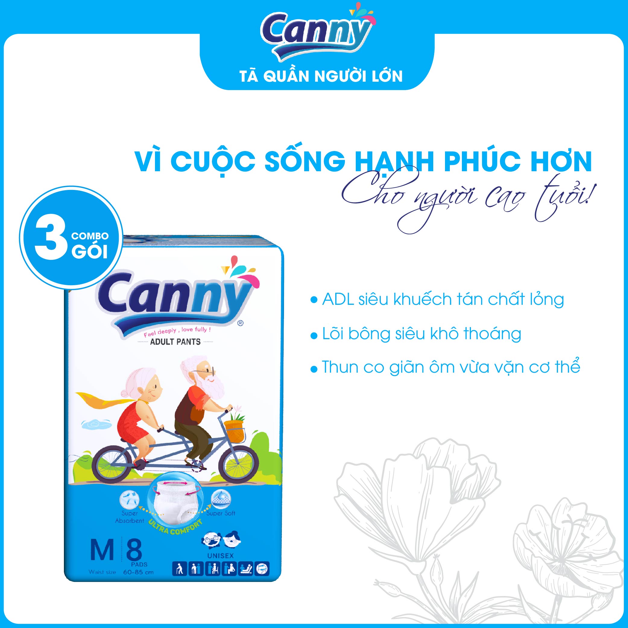 Combo 3 Tã/Bỉm Quần Người Lớn Canny Siêu Mềm, Siêu Thấm, Kháng Khuẩn, Tiết Kiệm Size M8/L7