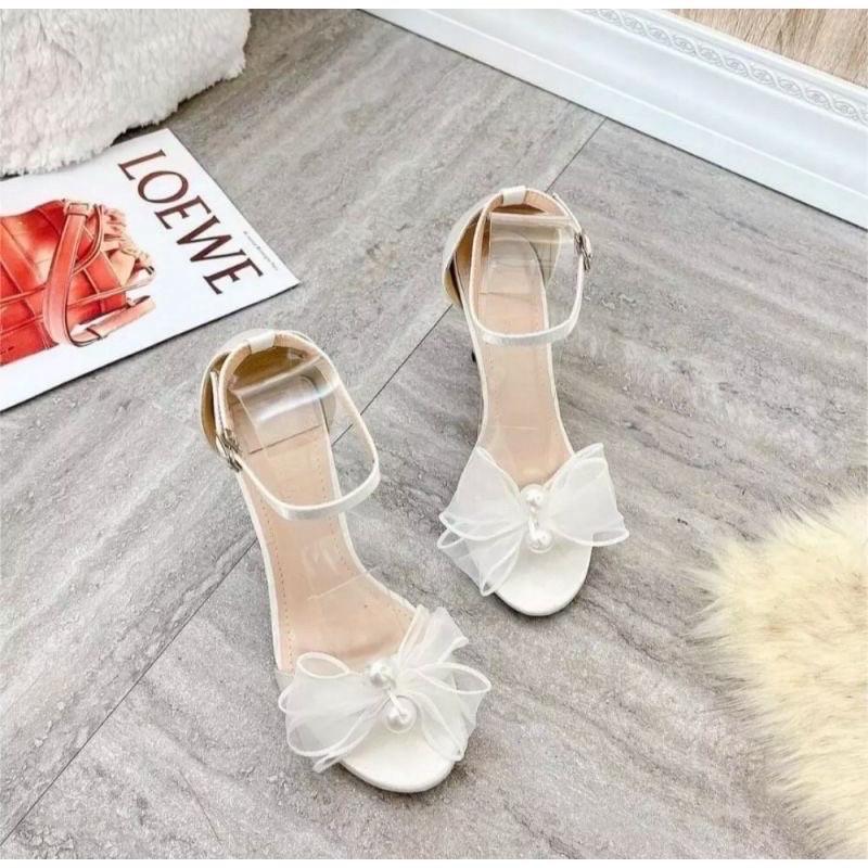 Giày sandal gót nhọn đính nơ voan 9p GIN