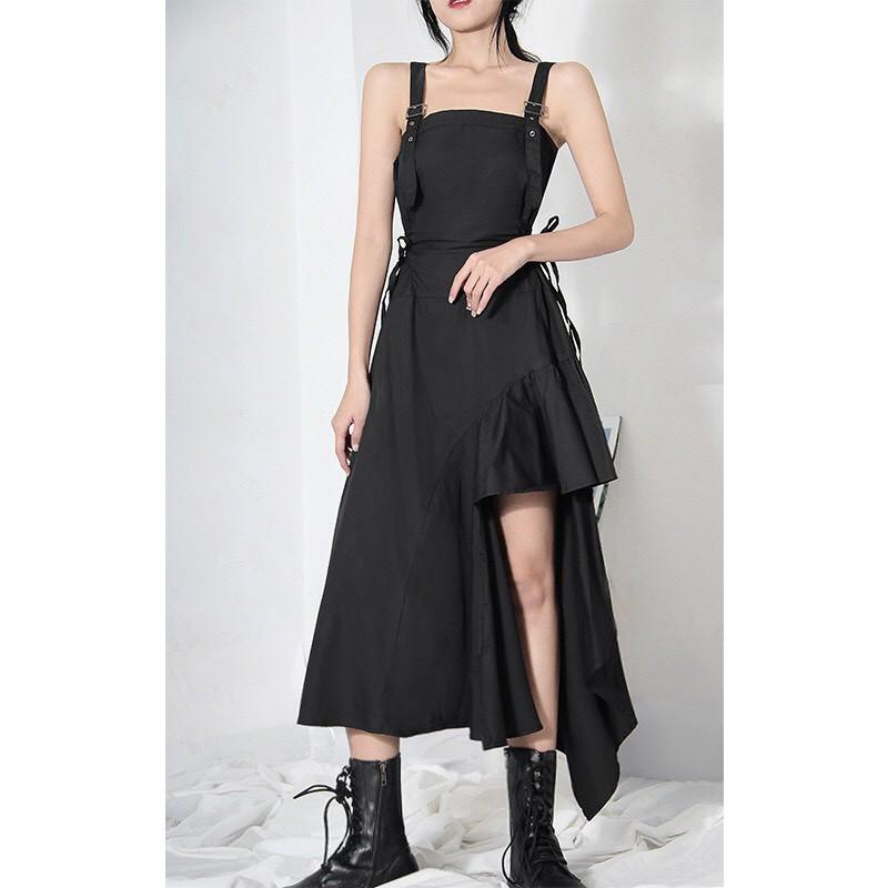 Đầm 2 Dây Đen Lêch Vạt Buộc Eo Siêu Xinh