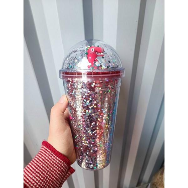 LY KHỦNG LONG KIM TUYẾN, GIỮ NHIỆT 2 LỚP Tăng kèm cây cọ Ly.