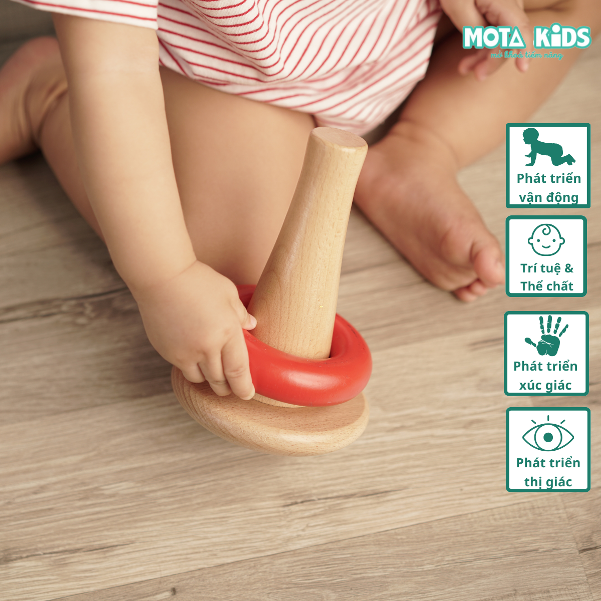 Đồ chơi thả vòng tròn vào trụ gỗ đứng cho bé từ 9-12 tháng Montessori Mota phát triển trí tuệ - Hàng chính hãng