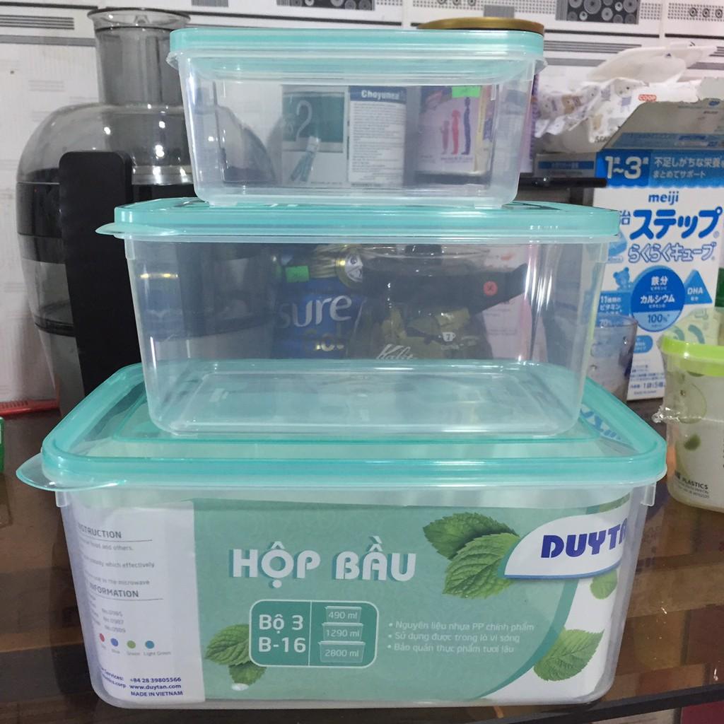 Bộ 3 hộp bầu Duy Tân dung tích 490ml - 1300ml - 2800ml đựng thực phẩm an toàn/Bộ hộp đựng thực phẩm để tủ lạnh có nắp gà