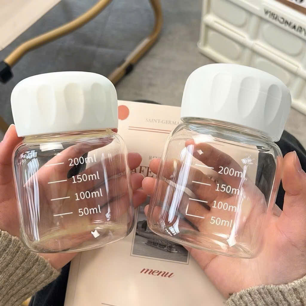 Bình Thủy Tinh Dáng Lùn Chai Thủy Tinh 200ml Chia Vạch Có Nắp Gioăng Kín, Chai Đựng Nước Sữa Cafe Sinh Tố - HÀNG CHÍNH HÃNG MINIIN