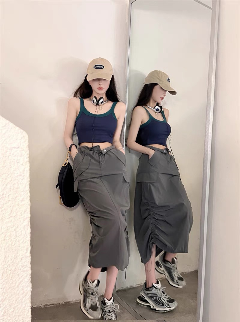 SET CHÂN VÁY DÀI TÚI HỘP LƯNG CAO DÂY RÚT + ÁO THUN CROPTOP DÂY DẠO PHỐ DỰ TIỆC ĐI CHƠI