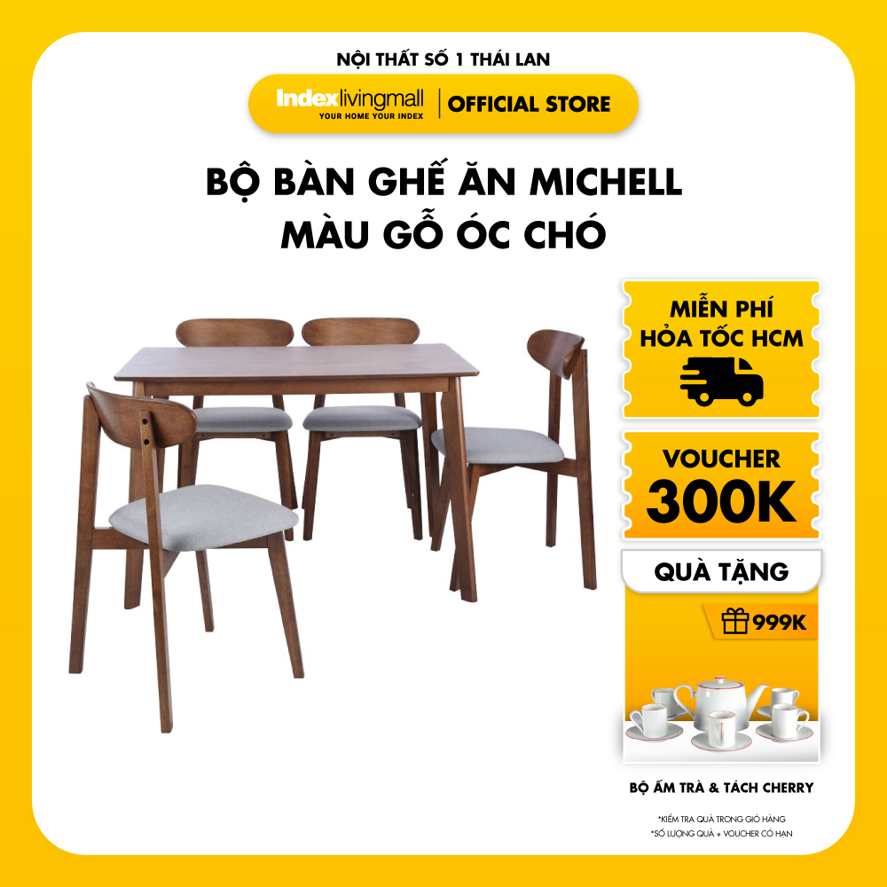 Bộ Bàn Ghế Ăn MICHELL Màu Gỗ Óc Chó Nhỏ Gọn Bao Gồm 1 Bàn 4 Ghế, Thiết Kế Có Đệm Ngồi Êm Ái, Chống Ấm Mốc | Index Living Mall | Nội Thất Nhập Khẩu Thái Lan - Phân Phối Độc Quyền Tại Việt Nam