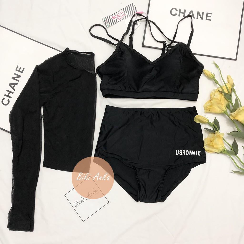 Bikini Bộ Đồ Bơi Dài Tay Set 3 Mảnh Kín Cạp Cao Bigsize Thể Thao Lưới