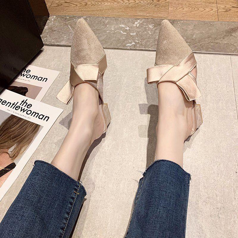 Dép cao gót mũi nhọn đính nơ thời trang mùa hè hàng mới dành cho bạn nữ 2021