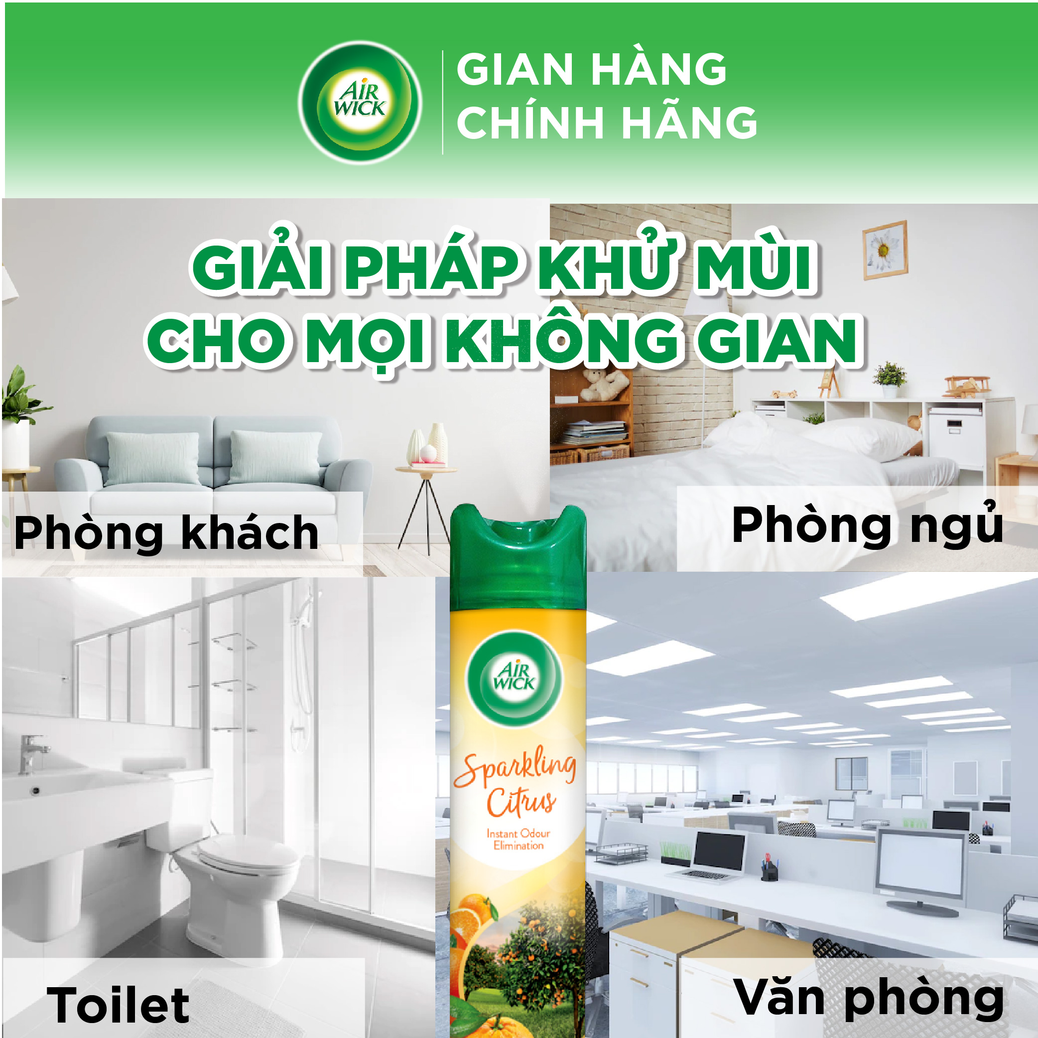 Chai xịt thơm phòng hương cam quýt AIRWICK hương thanh mát, vòi xịt thông minh giúp tỏa hương dễ dàng 300ml