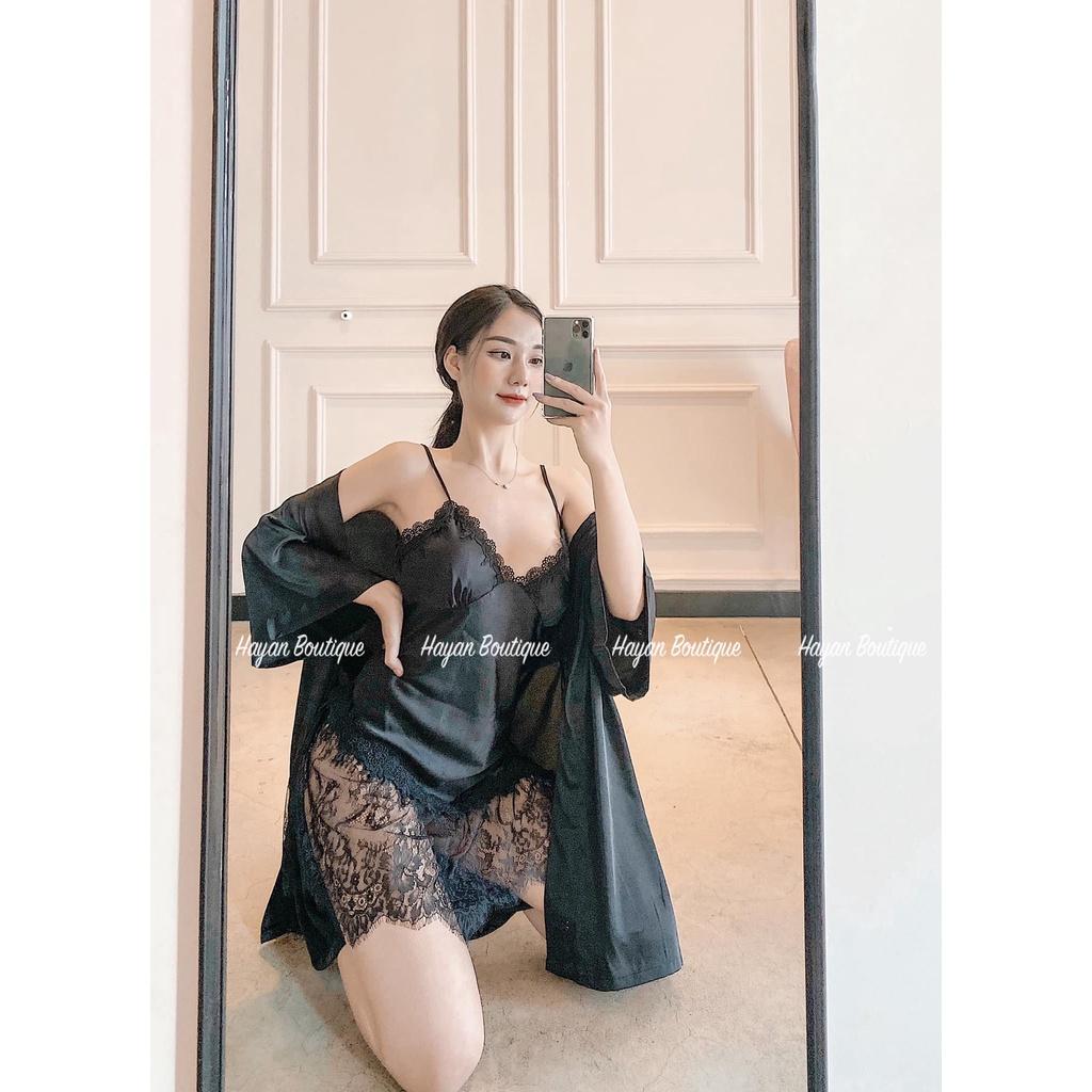 Set váy ngủ và áo choàng sexy ren chân viền hoa gợi cảm cao cấp KÈM MÚT NGỰC #HT129