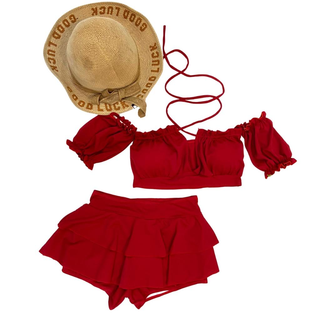 Bikini, đồ bơi đi biển 2 mảnh nữ áo tay phồng Hiền Hồ phối váy 2 tầng đẹp ODERI HM-070