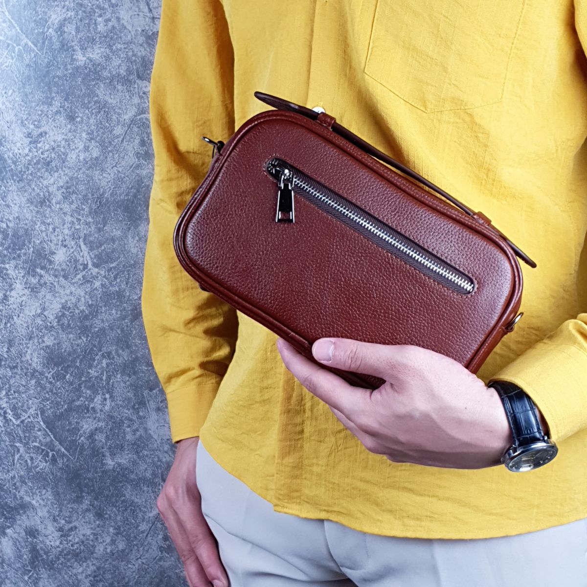 Clutch nam cầm tay kết hợp túi đeo chéo da bò thật; Clutch hộp da mill - 100% da bò thật