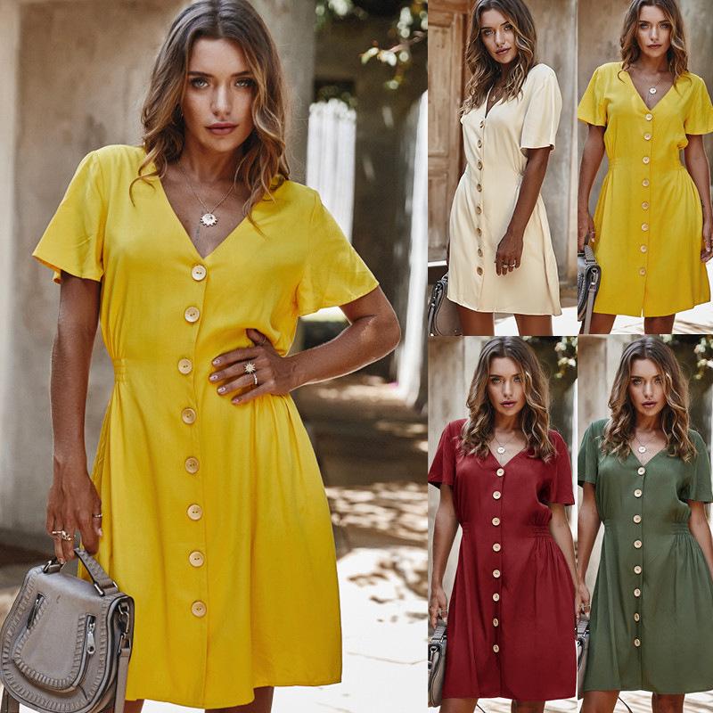 Fashion Women Summer Solid Color Dress V Neck Short Sleeve Buttons Ruched High Waist Casual Mini Dress