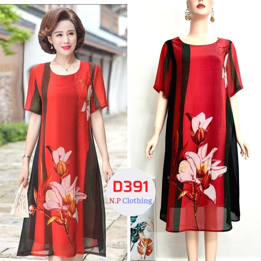 Đầm Trung Niên D391, Mẫu Váy Hoa Cho Mẹ Cổ Tròn Form Suông Ngắn Tay Trang Nhã Thoải Mái | Thời Trang Trung Niên U50