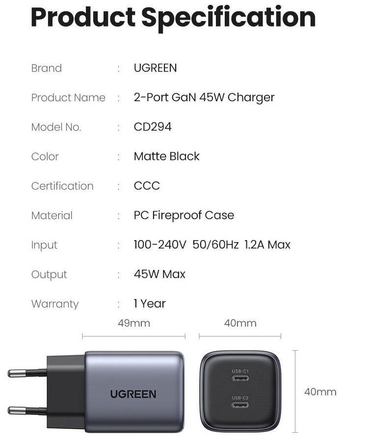 Ugreen UG90573CD294TK 45W 2c Nexode Củ sạc nhanh 2 cổng USB-C kiểu mini Màu Xám - HÀNG CHÍNH HÃNG