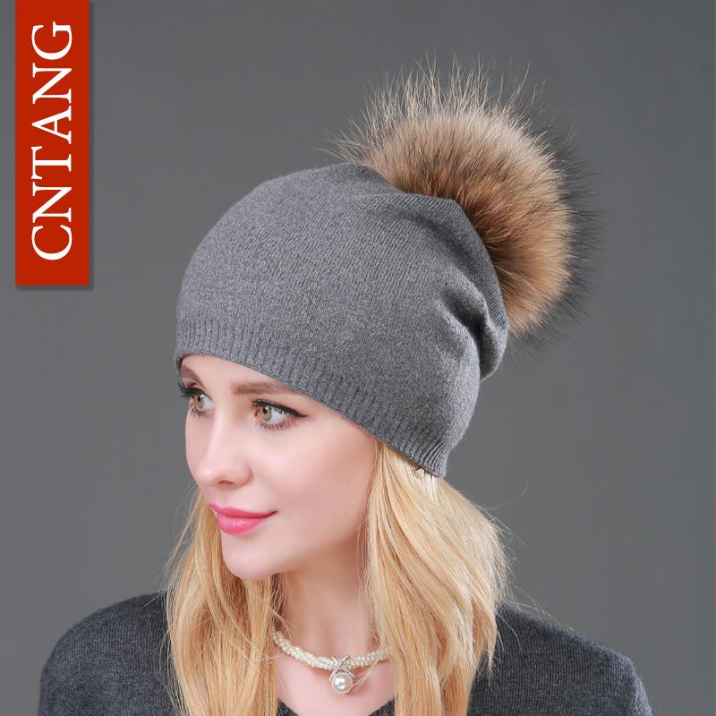 MÙA THU ĐÔNG Len Dệt Kim Mũ Nam Nữ Thời Trang Pompon Beanies Mũ Lông Thú Nữ Ấm Áp Viên Có Đá Tự Nhiên Gấu Trúc Lông Thú mũ Lưỡi Trai - one