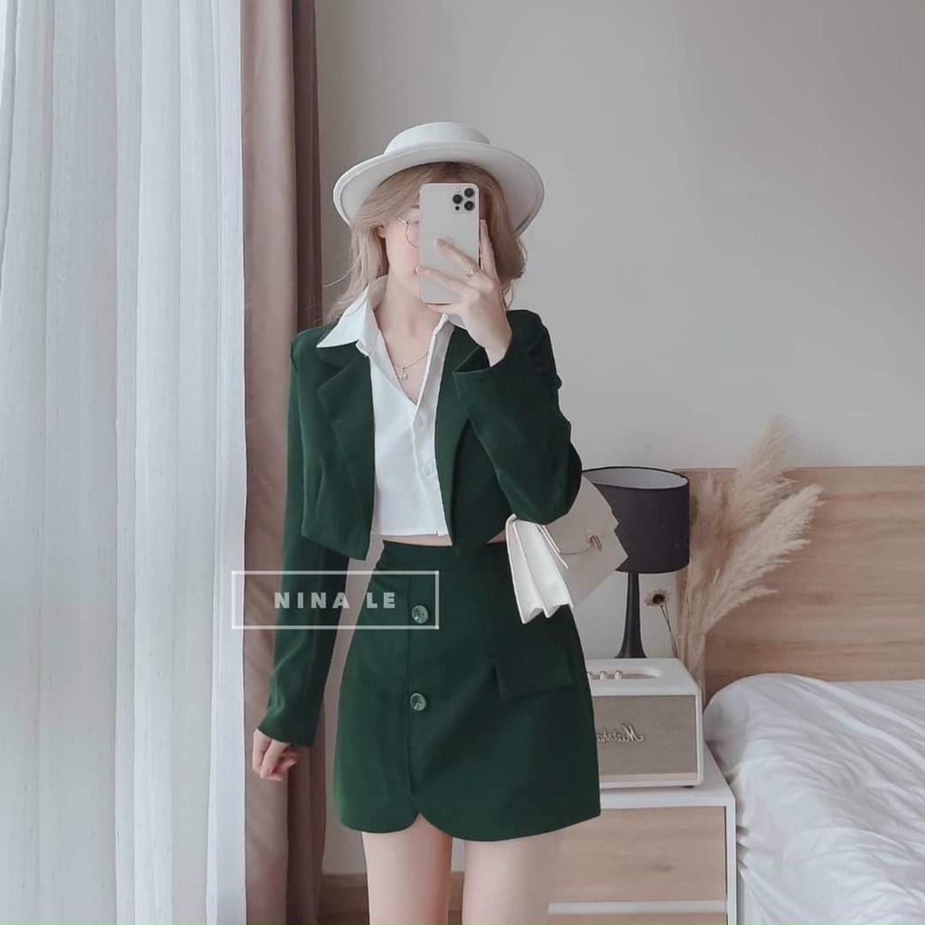 Sét bộ vest 3 món phối áo sơ mi croptop phối áo vest dài tay kèm chân váy,chân váy có lót phù hợp mọi phong cách