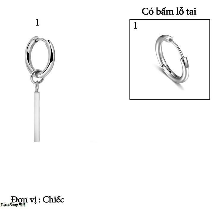 Bông tai nam inox cao cấp 1 chiếc Kpop thép không gỉ bấm lổ tai thanh dài tòn ten