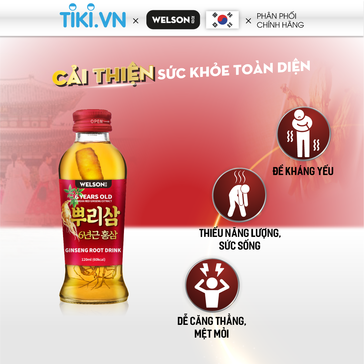 Nước uống Nhân Sâm Nguyên Củ Welson Ginseng Root Drink Hộp 10 chai 120ml