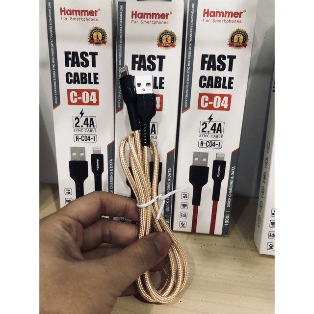 Dây sạc nhanh Ham mer C04 các loại chân cắm Type C, dòng điện 5v-2.4A, dây dù check Qr kiểm tra hàng chính hãng