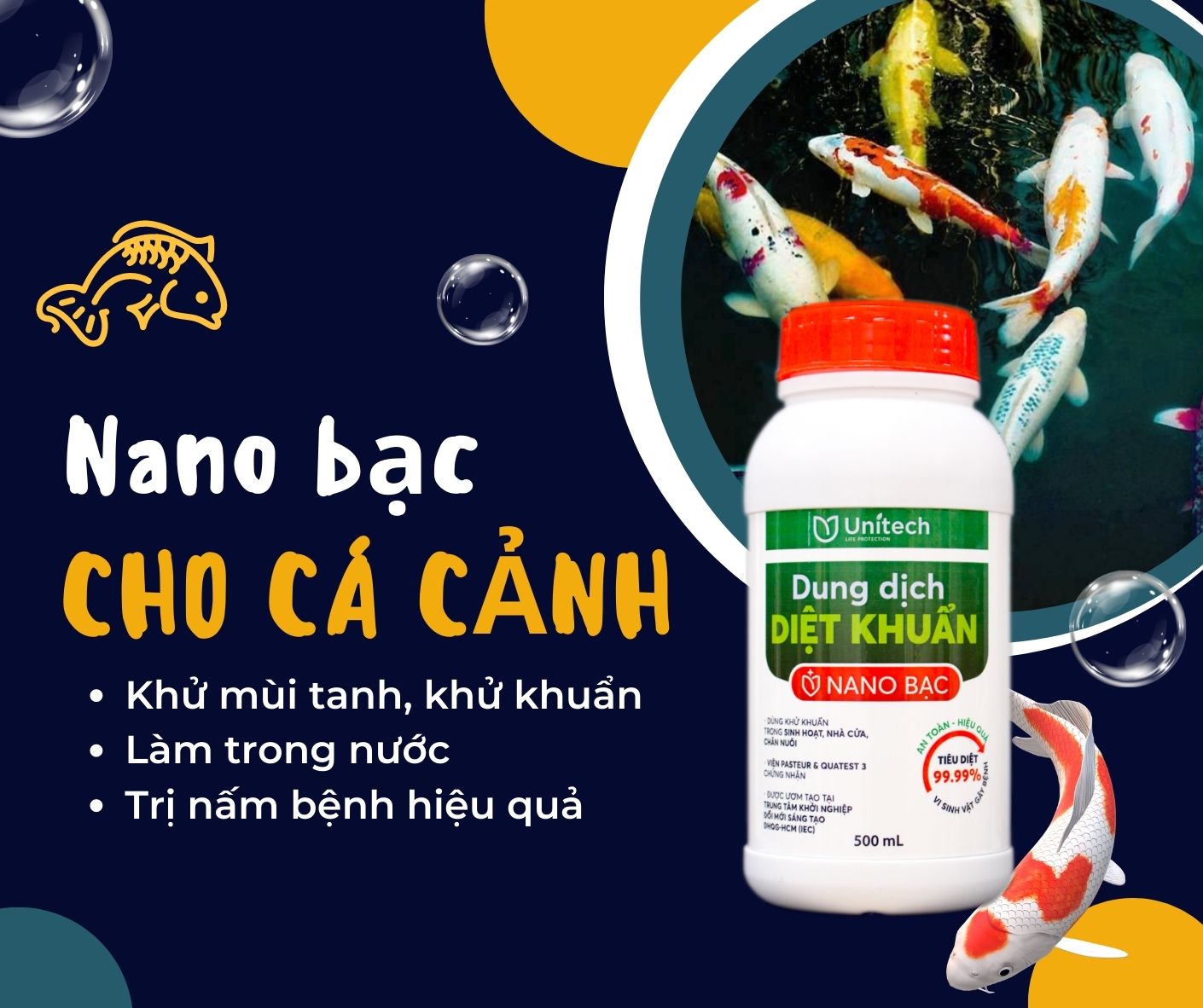 Nano bạc diệt khuẩn Unitech | Phòng bệnh tôm cá, ốc bươu, cá kèo, xử lý nước ao nuôi [Đậm đặc 1000 ppm]