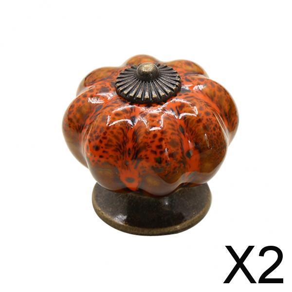 2x Round Pumpkin Shape Ceramic Cabinet Handles Orange